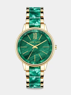Anne Klein Gold Plated Green Marble Acrylic Bracelet Watch