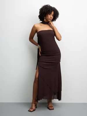 The FIX Women's Brown Chiffon Knit Bandeau Dress With Scarf 