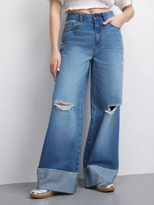 The FIX Women's Light Wash Rip & Repair Wide Leg Turn Up Jeans