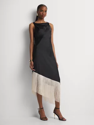 Luella Draped Asymmetrical Fringe Hem Column Dress