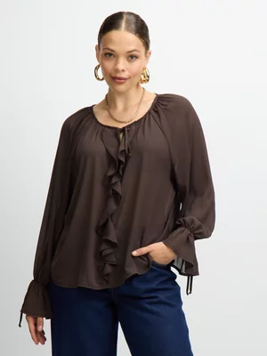 Jet Women's Brown Georgette Frill Blouse