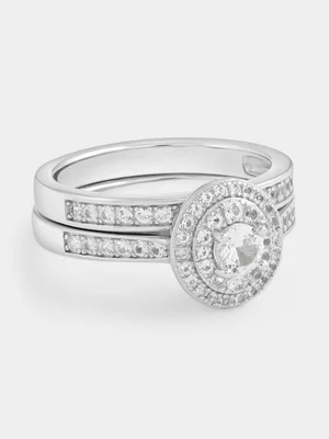 Sterling Silver White Sapphire Oval Double Halo Channel Twinset Ring