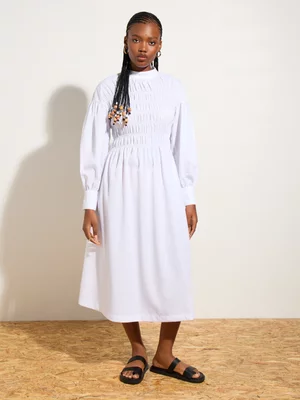 Women's Canvas Long Sleeve Shirred Midi Dress