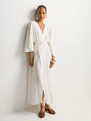 Linen-look Kaftan Sleeve Wrap Dress