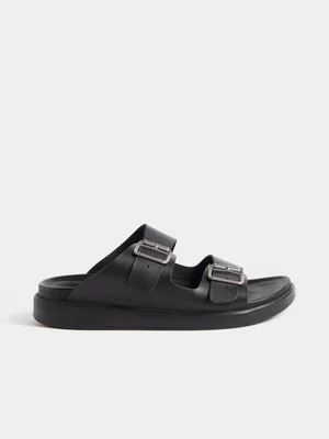 Fabiani Men's Black Leather Double Buckle Sandals