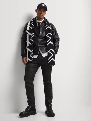 Markham Men's Embossed Detail PU Black Bomber Jacket