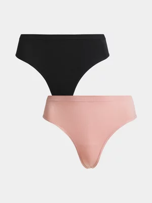 Exact Women's Black & Pink 2-Pack Seamless Thongs