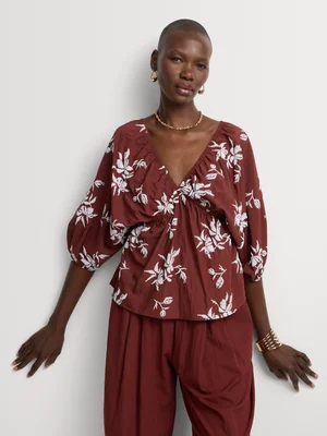 Embroidered Puff Print Blouse 