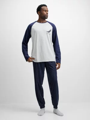 Jet Men's Navy Grey Striped Knitted Flannel Pj Set