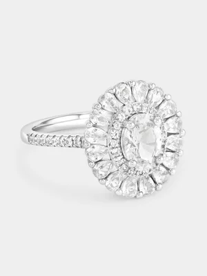 Sterling Silver White Sapphire Oval Petal Halo Ring  