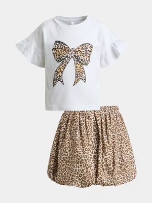 Exact Younger Girl's White Graphic Print Top & Skirt Set 