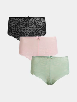 Jet Women's 3 Pack Blush, Sage and Black Lace Boyleg