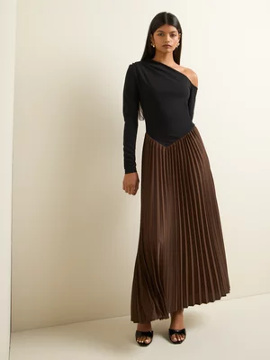 Women's Iconography Contrast Fabric Mix Pleated Midi  Black & Choc