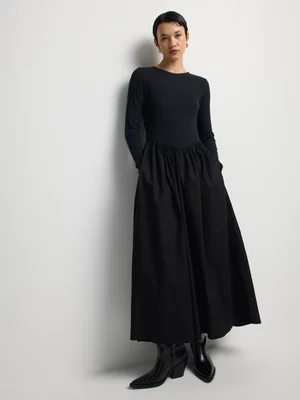 Long Sleeve Rib Poplin Combo Dress