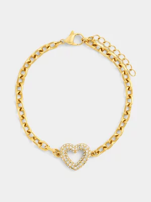 Tempo Jewellery Gold Plated Stainless Steel Cubic Zirconia Open Heart Anchor Bracelet 