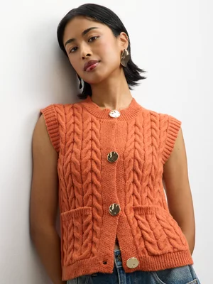 The FIX Women's Rust Knit Cable Vest With Pocket