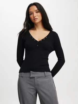 Women's Cotton On Black Rib Knit Henley Long Sleeve Top