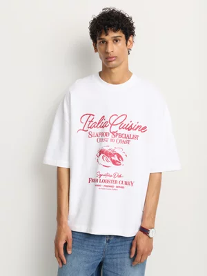 Markham Men's Extreme Boxy Fit White Graphic T-Shirt