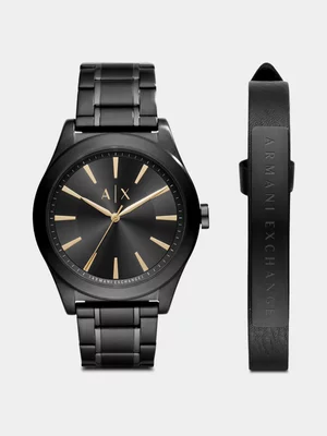Armani Exchange Black Plated Stainless Steel Watch & Bracelet Set