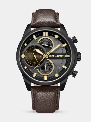 Police Reactor Gunmetal Plated Black Dial Brown Leather Watch 