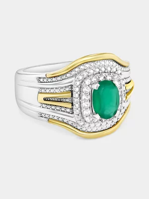 Yellow Gold & Sterling Silver Green Sapphire Oval Double Halo Ring