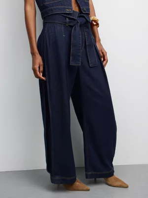 The FIX Women's Raw Wash Wide Leg Jeans With Front Tie