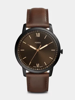 Fossil The Minimalist 3H Black Plated Stainless Steel Brown Leather Watch