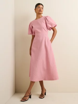 Women's Iconography Jacquard Puff Sleeve Midi Dress Pink
