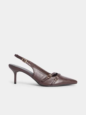 Exact Women's Brown Double Buckle Slingback Heels