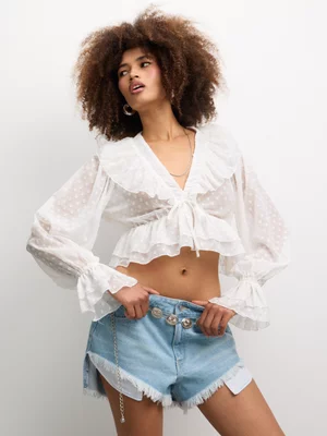 The FIX Women's White Chiffon Ruffle Top With Polka Dot 