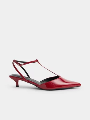 Jet Women's Red T-Bar  Ankle Tie Kitten Heel