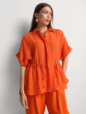 Textured Cap Sleeve Drawstring Shirt
