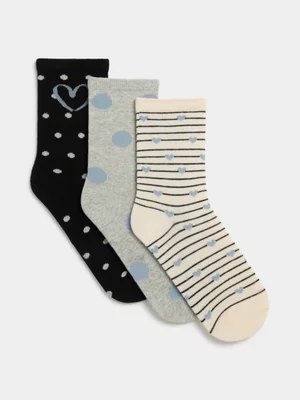 Exact Women's 3-Pack Black & Grey Anklet Socks