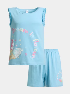Jet Older Girls Blue Ice Cream Frill Sleeve Shorts PJ Set