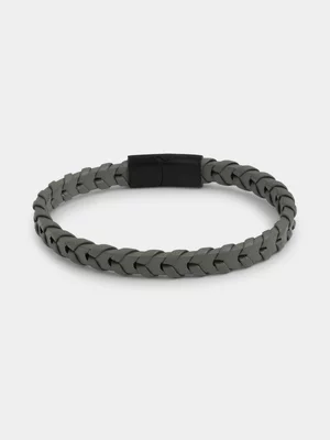 Stainless Steel Grey Synthetic Leather Braided Bracelet