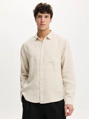 Men's Cotton On Oatmeal Relaxed Linen Long Sleeve Shirt