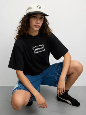 Redbat Women's Lace Print Relaxed Black T-Shirt