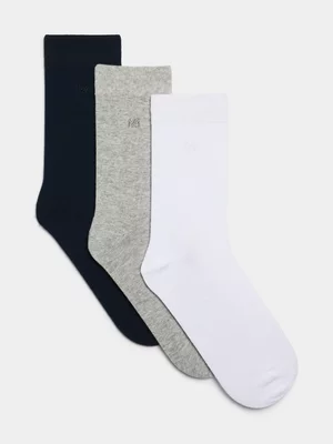 Markham Men's 3pk Emb Formal White/Navy Socks