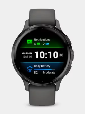 Garmin Venu 3S Slate stainless steel bezel with pebble grey case and silicone band