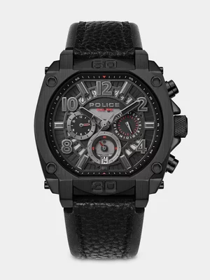 Police Norwood Black Plated Black & Charcoal Leather Chronograph Watch 
