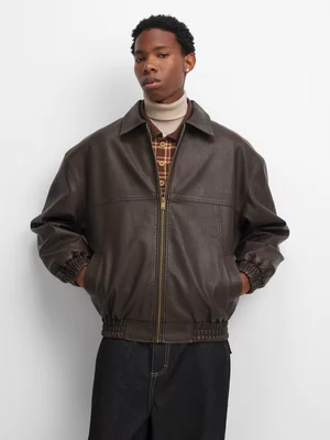 The FIX Men's Brown Vintage PU Bomber Jacket