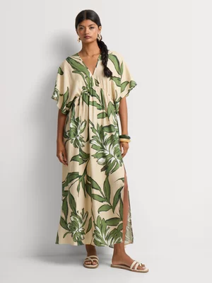Leaf Print Elasticated Waist Kaftan Dress