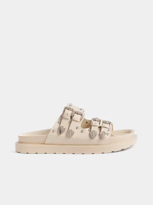 The FIX Women's Natural Studded Double Strap Sandal