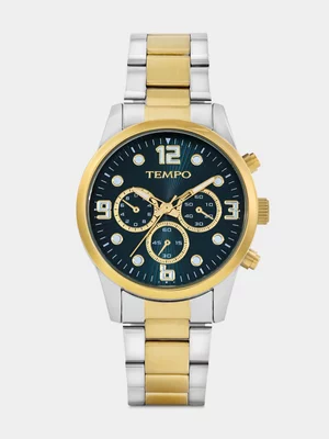 Tempo Gold Plated Teal Dial Chrono-Look Two-Tone Bracelet Watch 