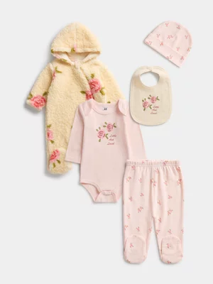 Jet Baby Girls Ecru Flowers 5 Piece Sherpa Gift Set