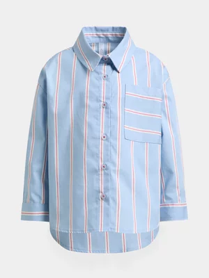 Exact Younger Girl's Blue & Pink Striped Oversized Shirt