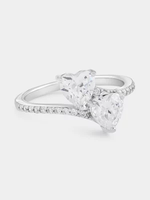 Sterling Silver Cubic Zirconia Twin Hearts Pavé Ring  