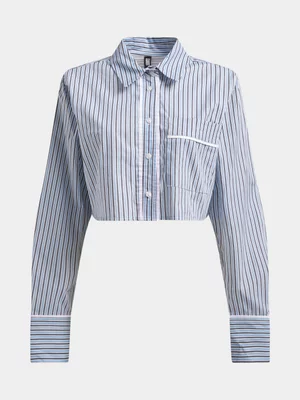 The FIX Women's Blue Striped Cropped Shirt With White Piping 