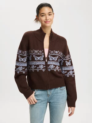 Women's Cotton On Brown Intarsia Knit Bomber Jacket