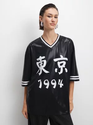 The FIX Women's Black Wet-Look Oversized Graphic Top 